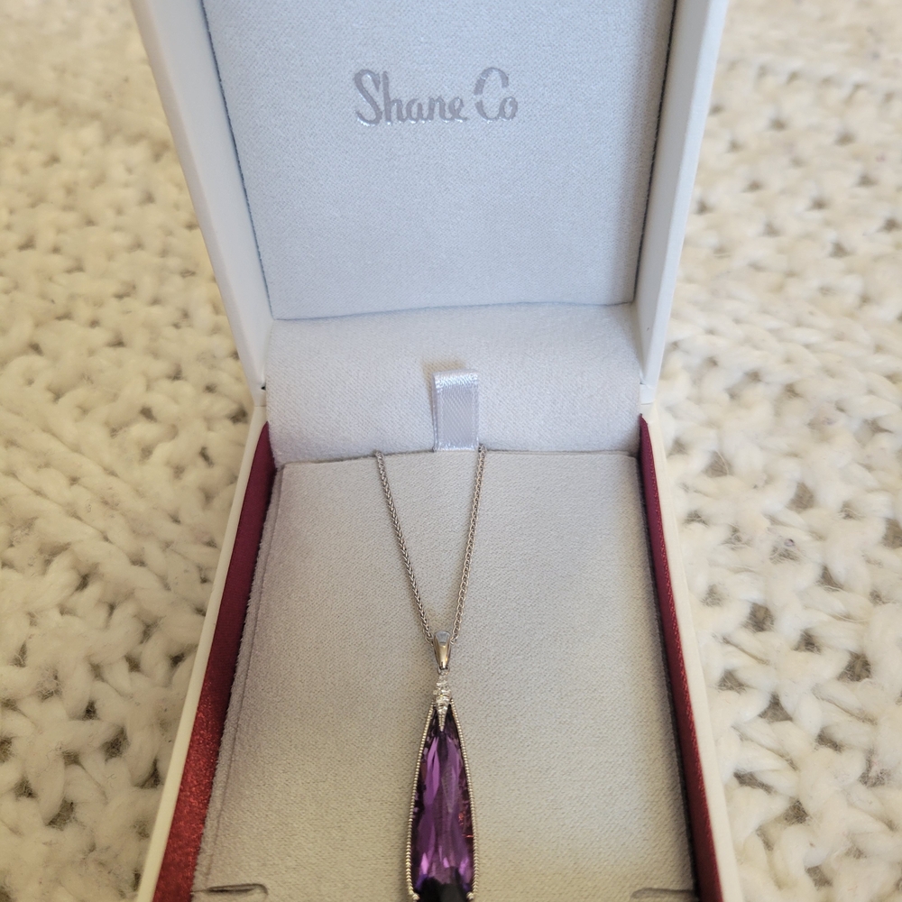 Silver Necklace with Amethyst-Tone Teardrop Pendant